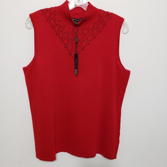 Cable & Gauge XL Sleeveless Red Blouse with Mock Neck, Jeweled Neck Decor - Picture 10 of 10